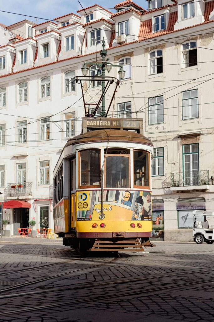 yellow tram in Lisbon Portugal old town