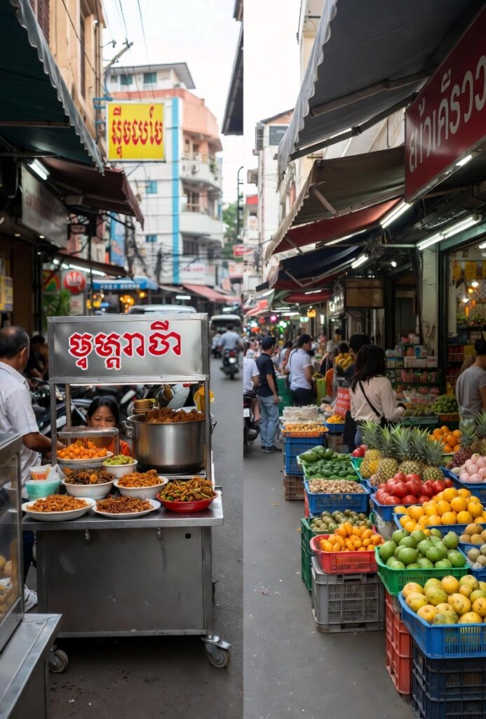 Cambodia street food market for budget travel comparison