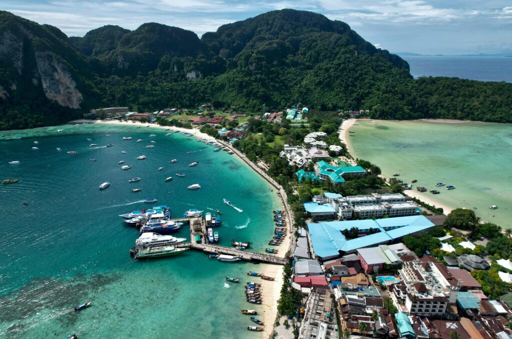 Aerial view of Phi Phi Islands turquoise water Thailand