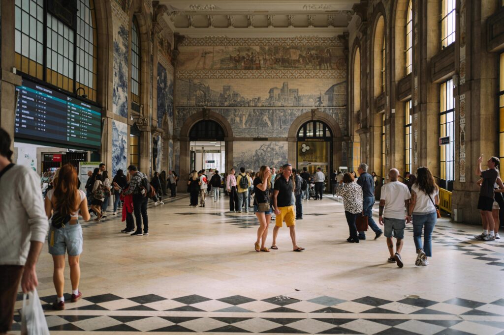 Azulejo tile murals inside Sao Bento train station Porto