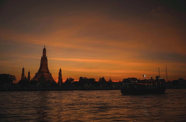 Golden Buddhist temple at sunset in Bangkok Thailand