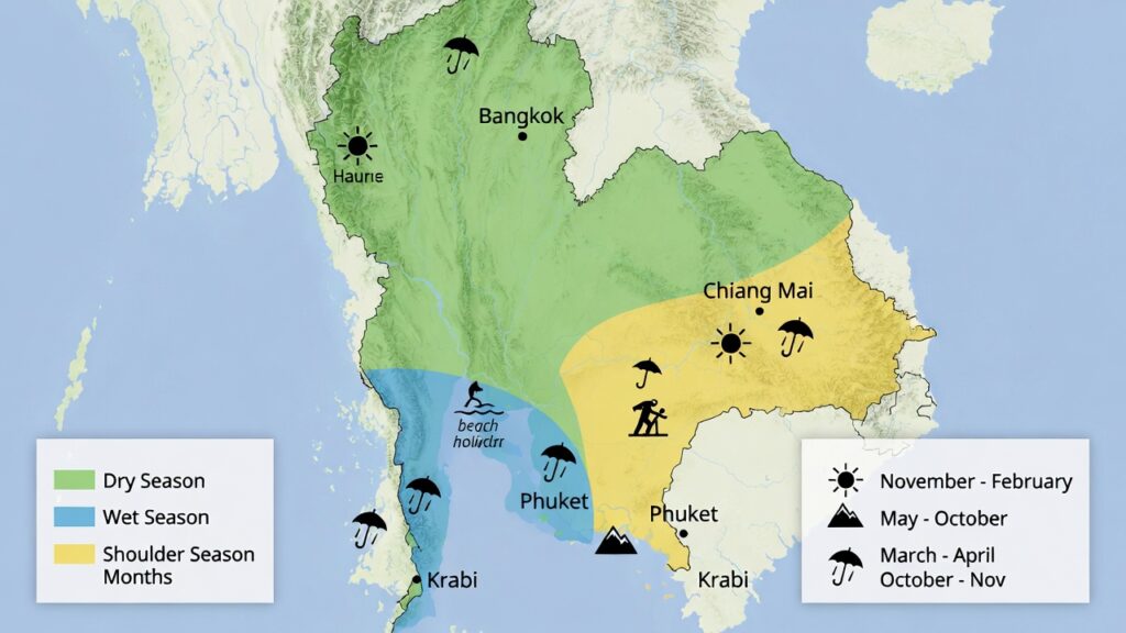 Thailand weather map showing regional best travel months