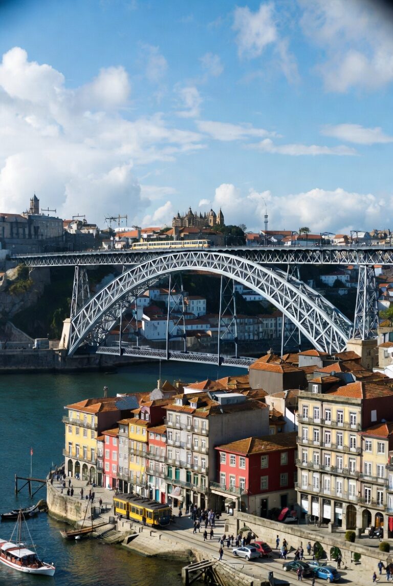 Porto Ribeira waterfront and Dom Luis I Bridge in Portugal