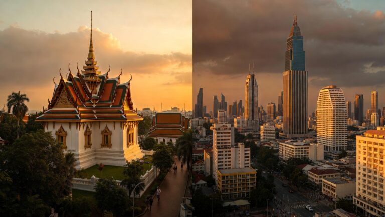 Bangkok temple at sunset for a first-time Thailand itinerary