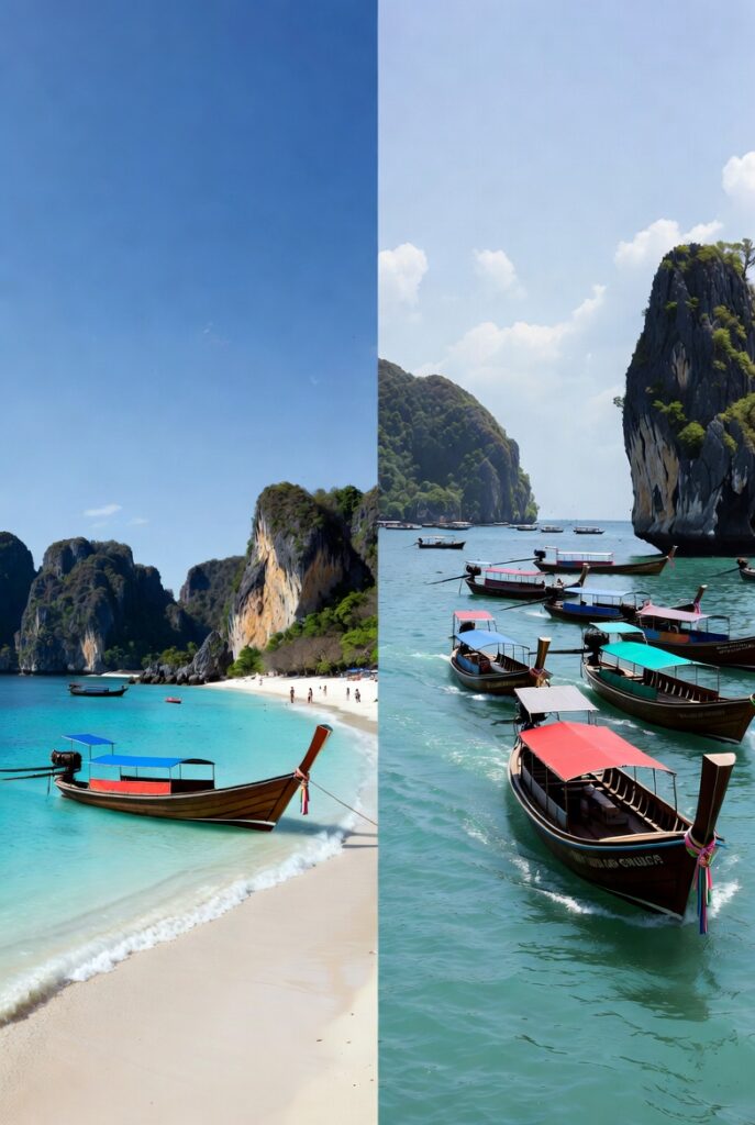 Krabi beach and longtail boats in southern Thailand