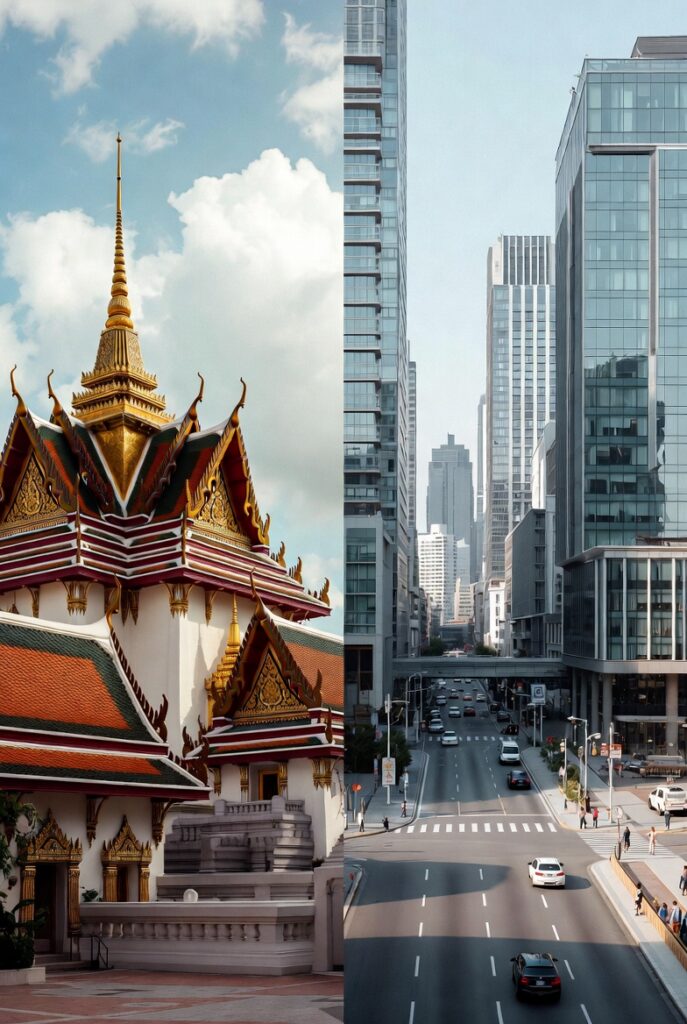 Thailand temple and city scene showing mid-range travel value