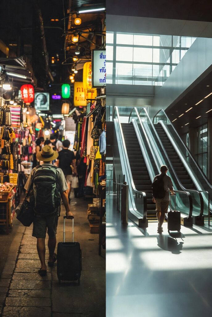 Backpacker cost comparison between Thailand and Malaysia with food, transport, and hotel theme