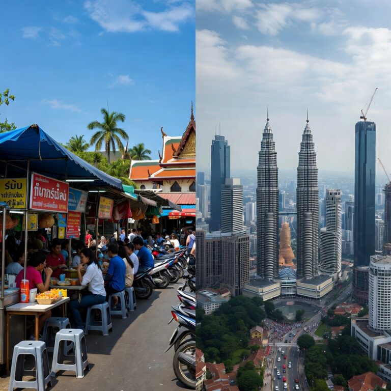 Thailand vs Malaysia travel cost comparison with Bangkok and Kuala Lumpur city scenes