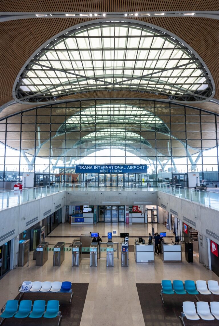 Tirana airport arrivals area for travelers heading to the city centre