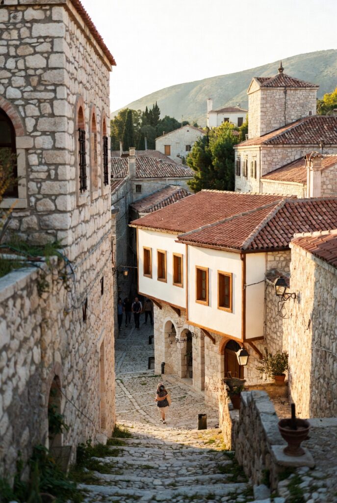 Historic street scene in Berat during mild weather