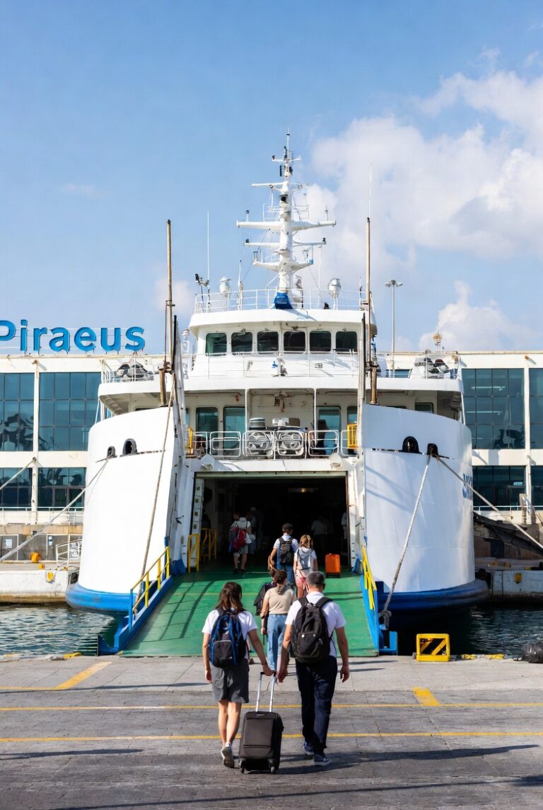 Ferry boarding at Piraeus port for Santorini