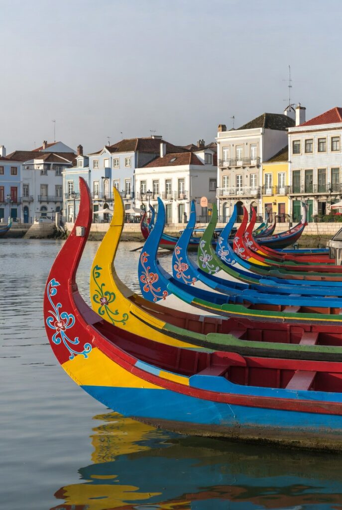 Moliceiro boats on the canals in Aveiro Portugal
