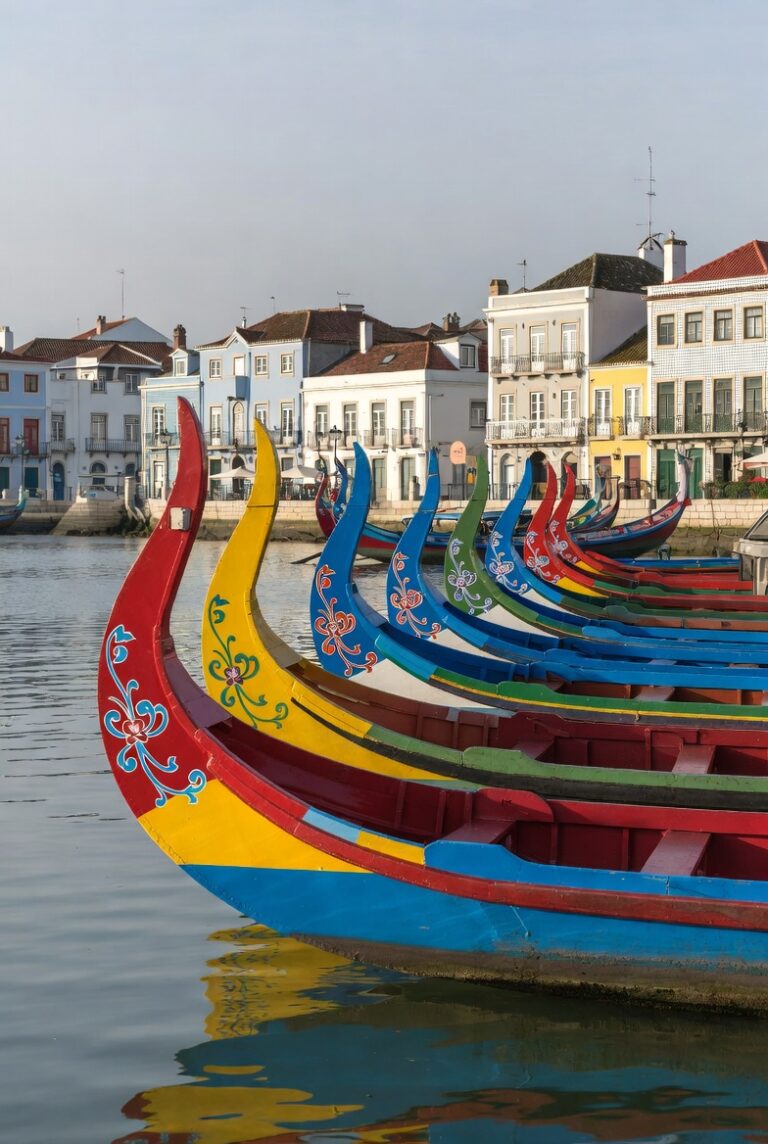 Moliceiro boats on the canals in Aveiro Portugal