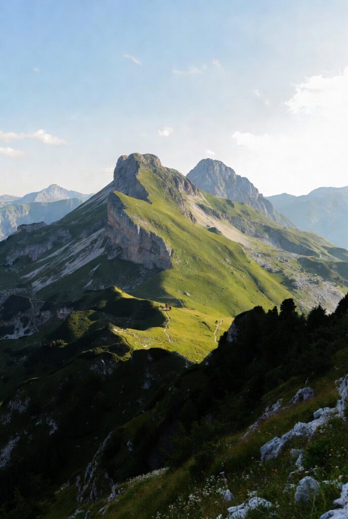 Hiking trail in the Albanian Alps near Theth during the best season for trekking