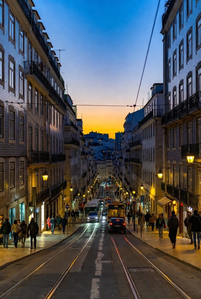 Busy street in Chiado Lisbon during the evening
