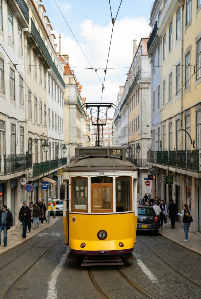 Yellow tram on a Lisbon street in a busy central neighborhood