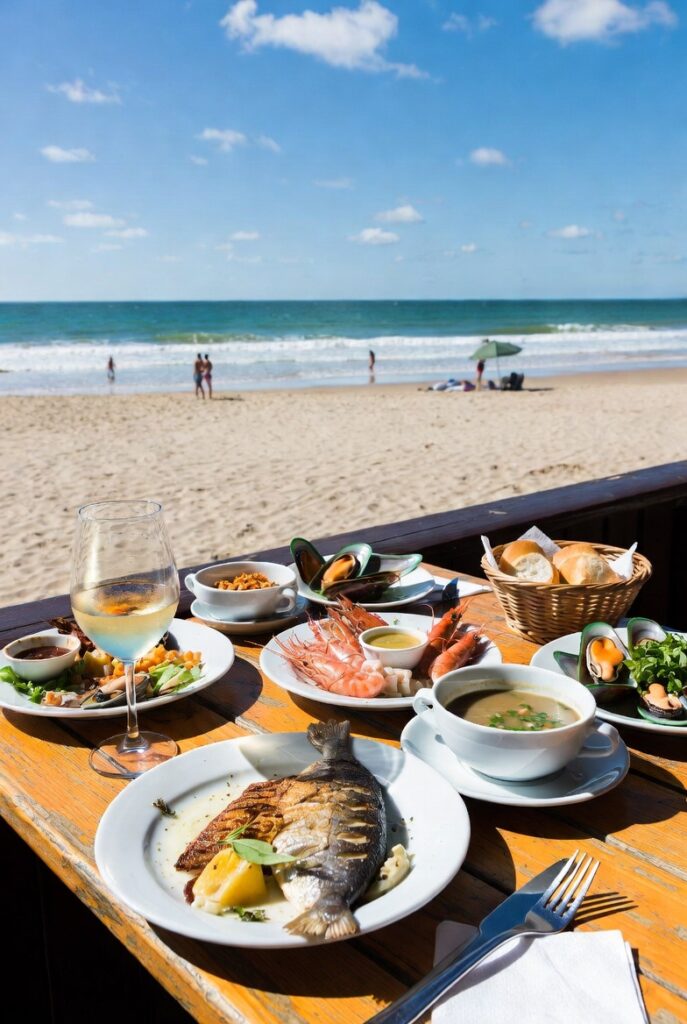 Seafood lunch in Nazare Portugal near the beach