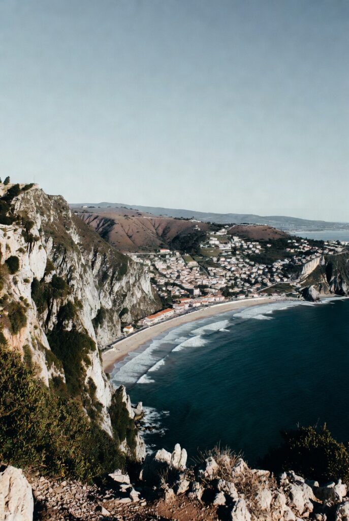 Clifftop view from Sítio over Nazaré beach in Portugal