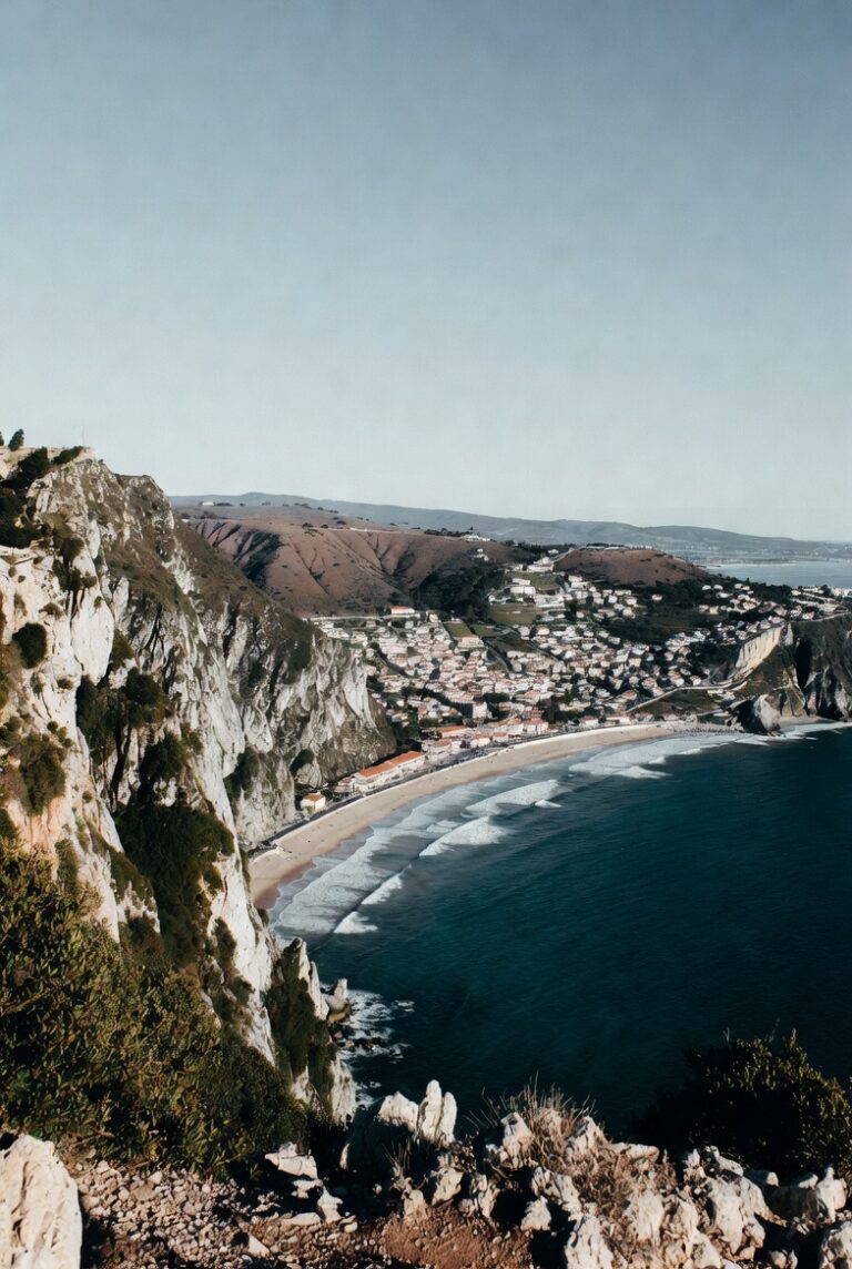 Clifftop view from Sítio over Nazaré beach in Portugal