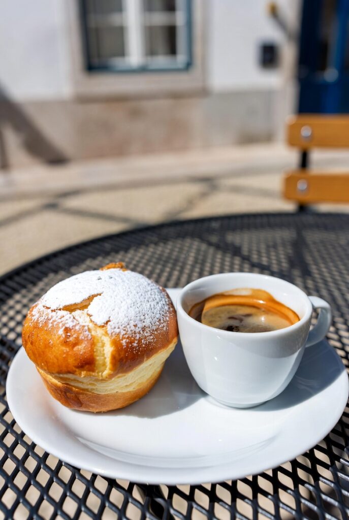 Ovos moles pastry served with coffee in Aveiro Portugal