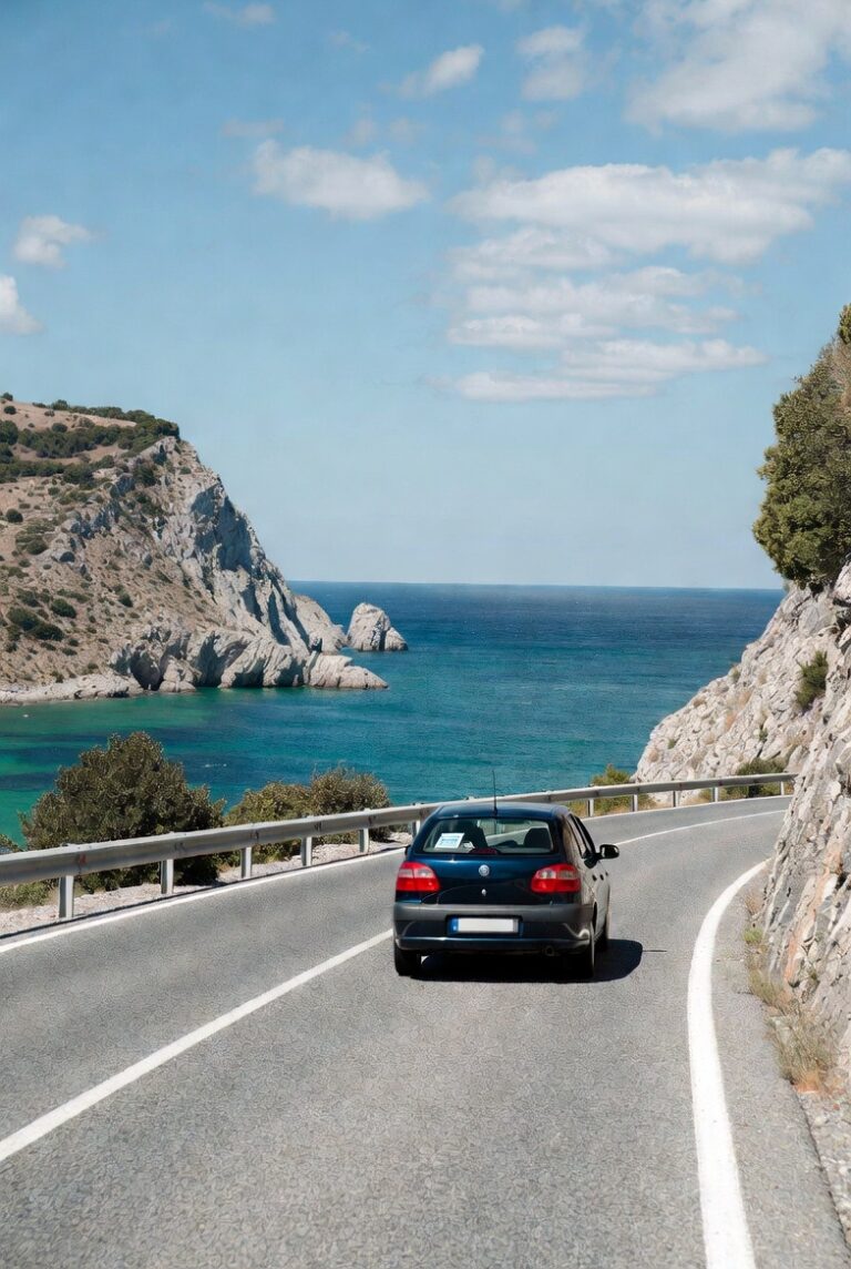 Rental car driving on a coastal road in Albania