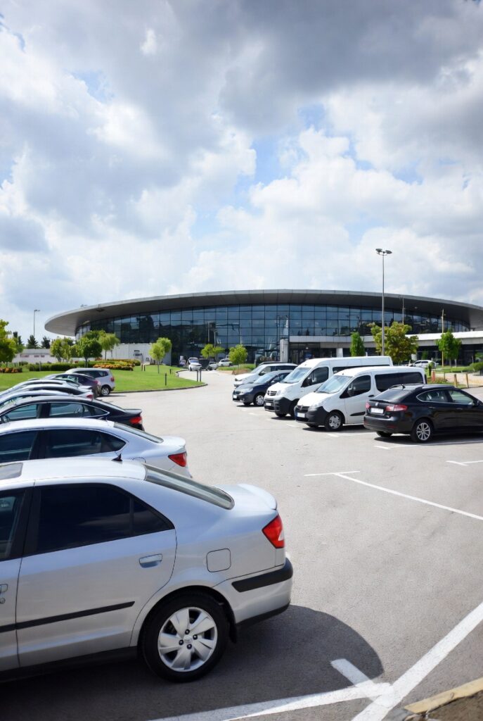 Car rental pickup area at Tirana airport in Albania