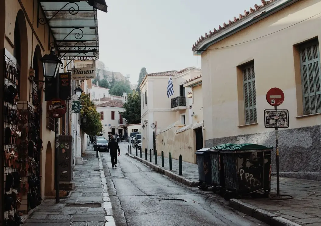 Quiet street in the historic Plaka neighborhood of Athens