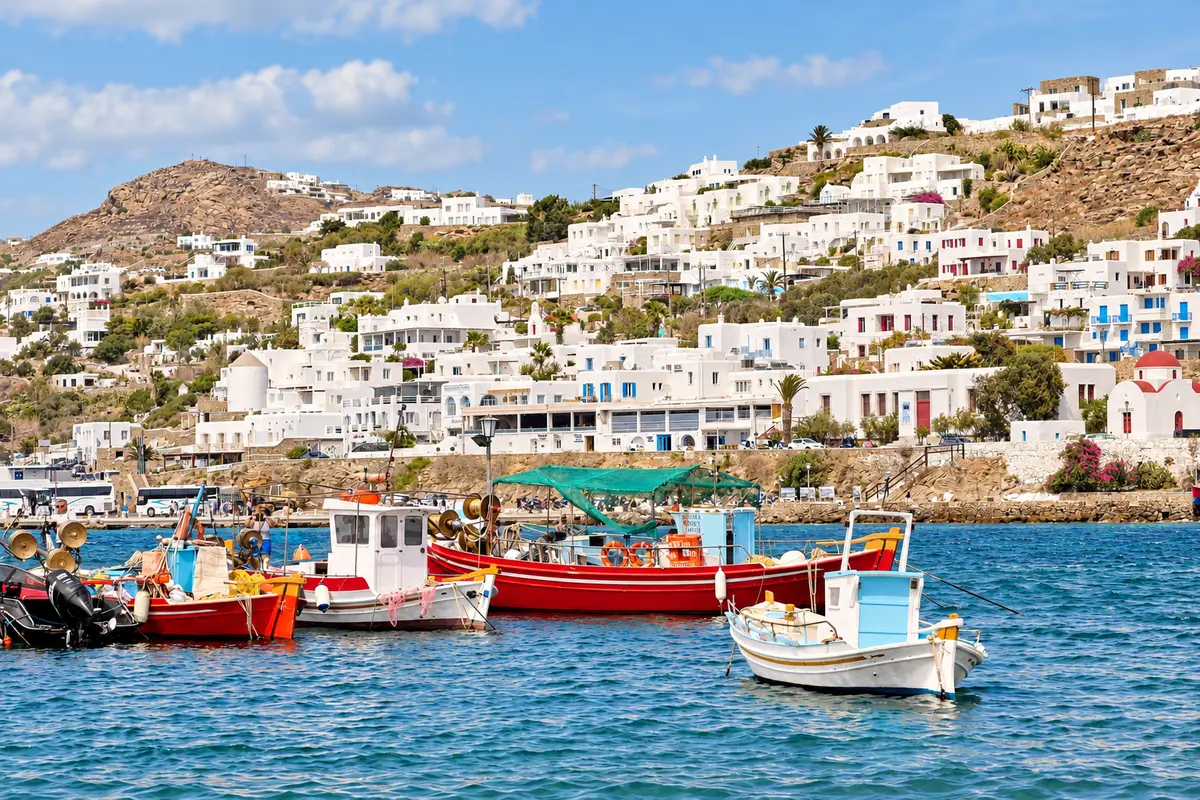 Mykonos harbor and waterfront seen after the ferry trip from Athens