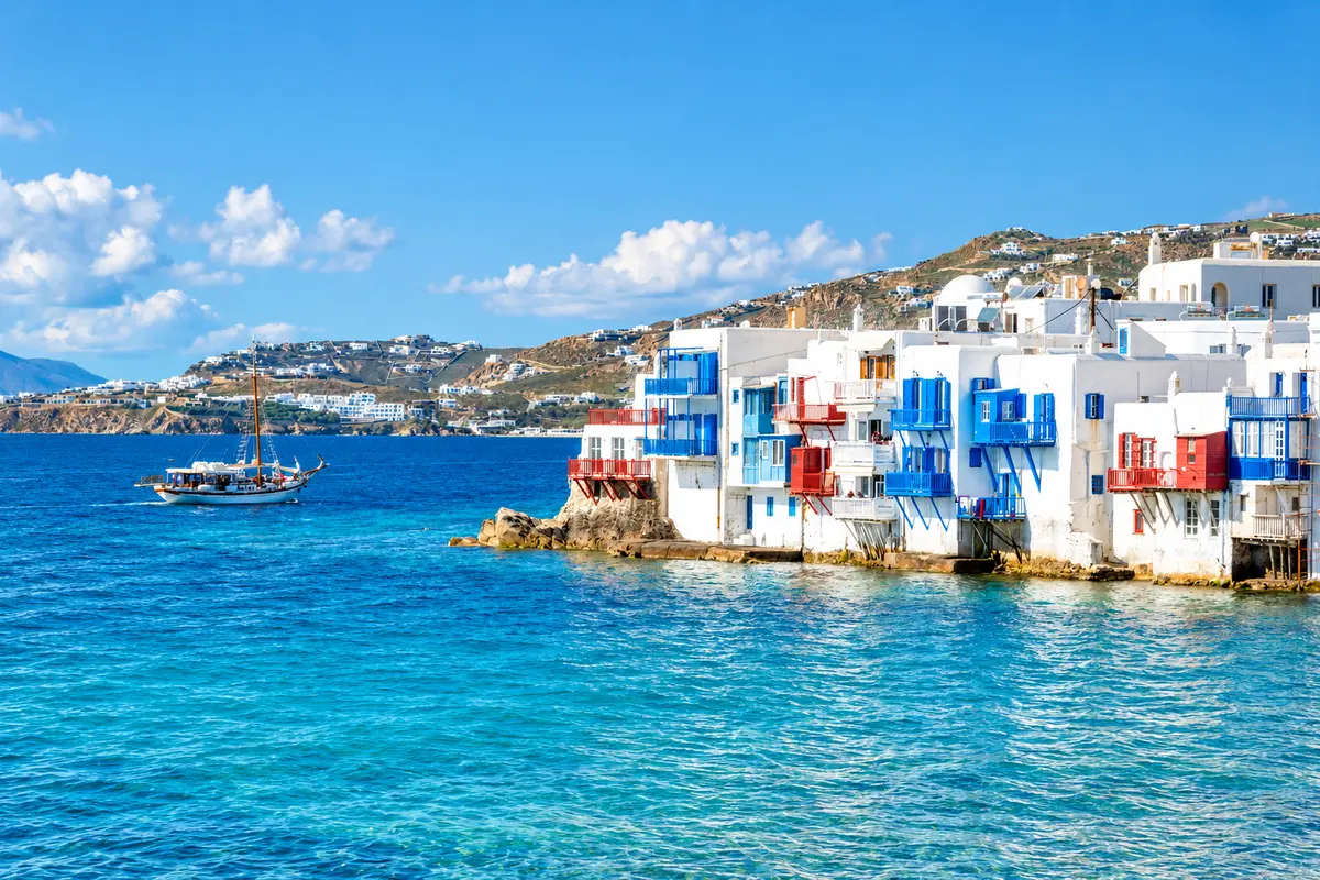 Little Venice in Mykonos with waterfront houses and the Aegean Sea