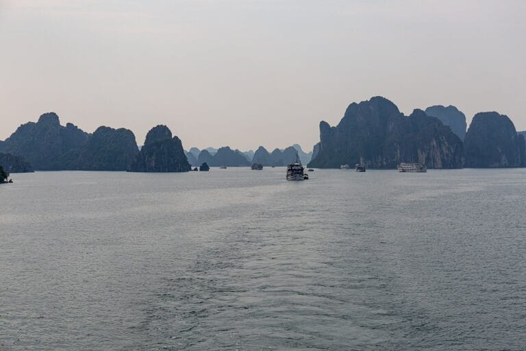 Ha Long Bay limestone islands and cruise boats