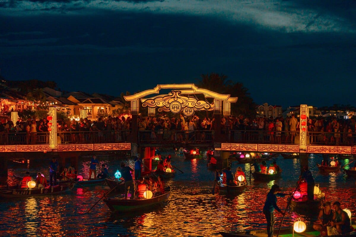 Lantern boats on the Thu Bon River in Hoi An at night
