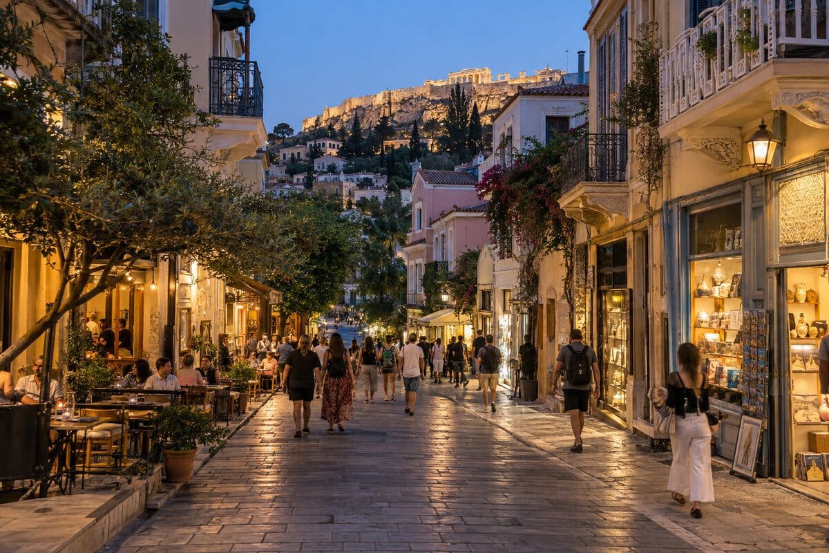 Busy pedestrian street in central Athens during the evening