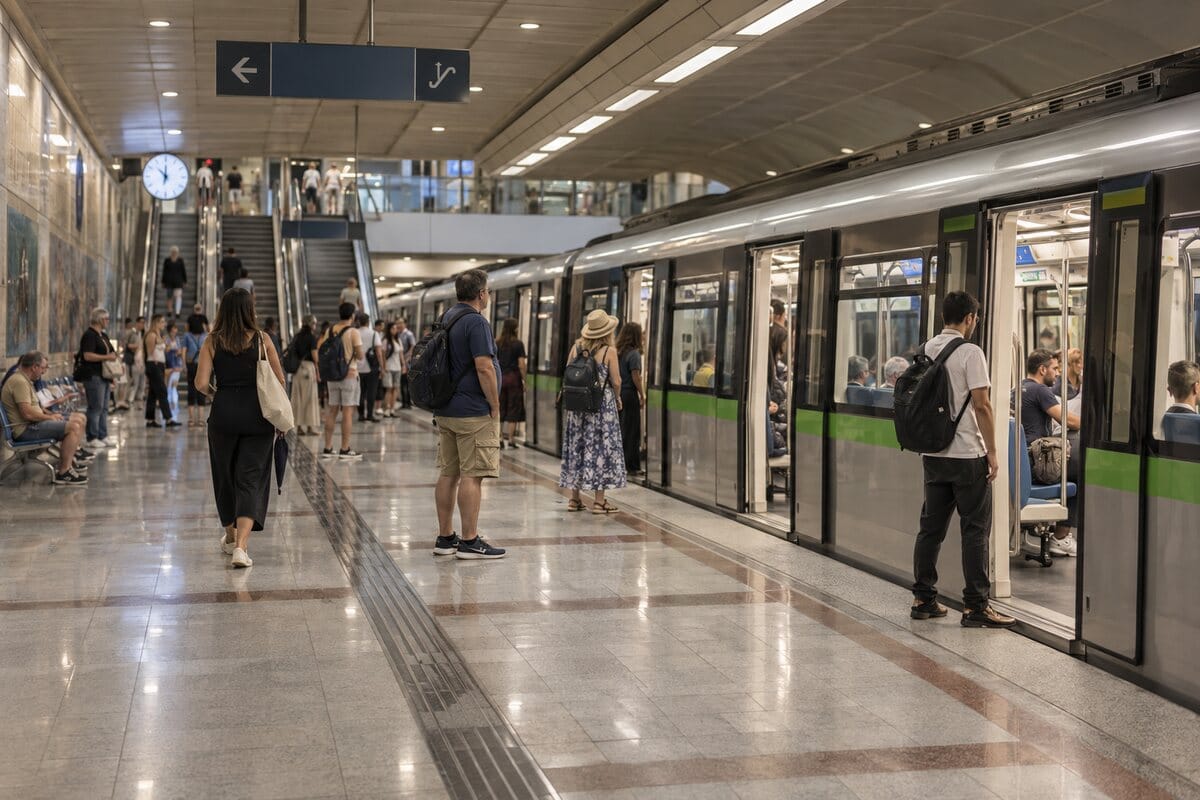 Travelers waiting beside a train in an Athens metro station