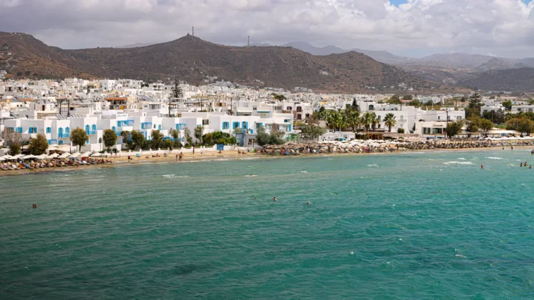 Naxos Chora and sandy beachfront beside the Aegean Sea
