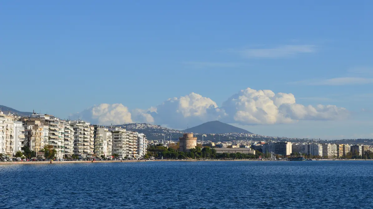 Thessaloniki waterfront and White Tower viewed from the sea