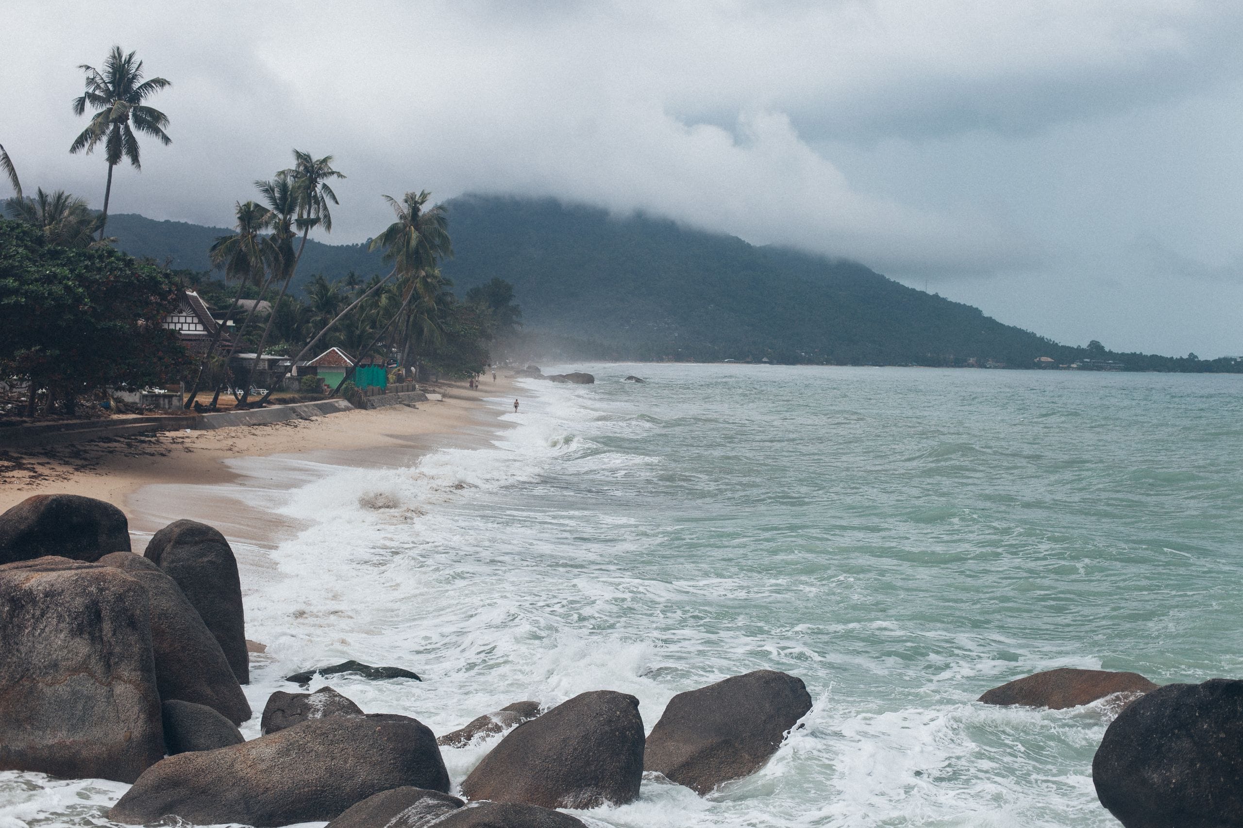 Waves reaching a palm-lined beach on Koh Samui, Thailand
